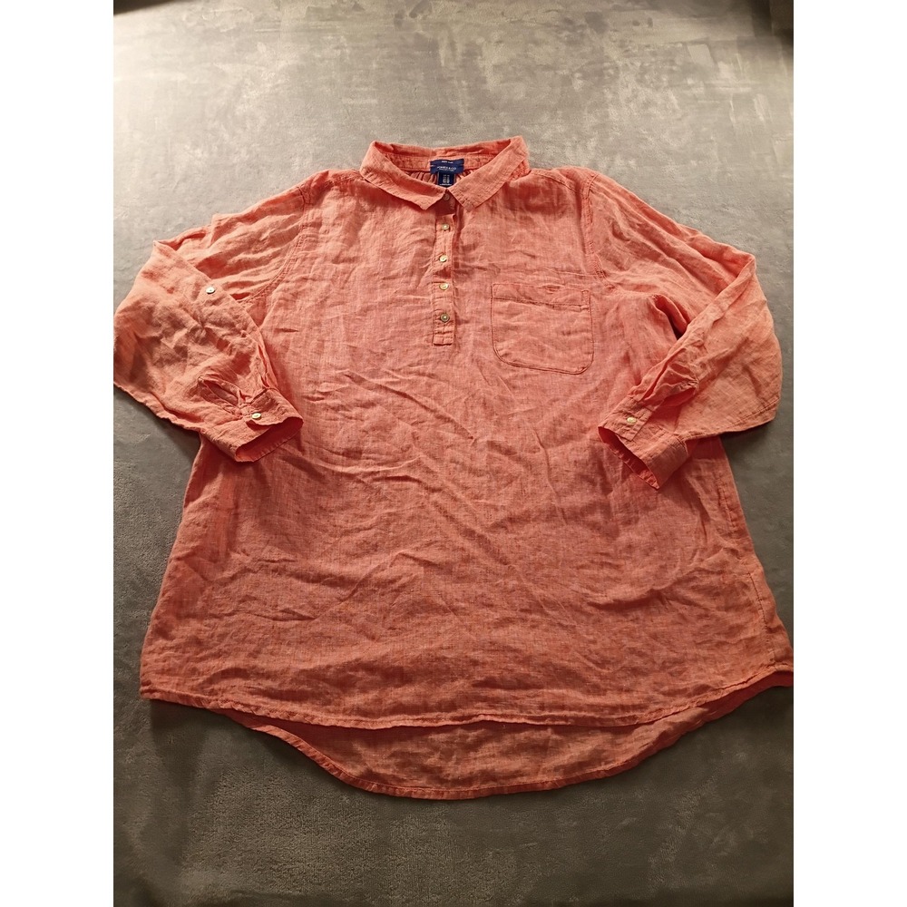 Jones New York Blouse Womens 1X Orange Linen Collared 3/4 Sleeve Tunic Top